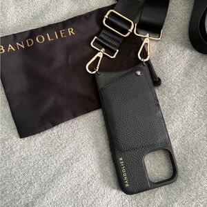 EUC Bandolier Black Leather Emma IPhone 13 Pro Max phone case with Nylon Strap.